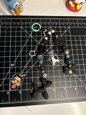 Black Beaded Charm Keychain Trio with Balloon Dog & Bunny